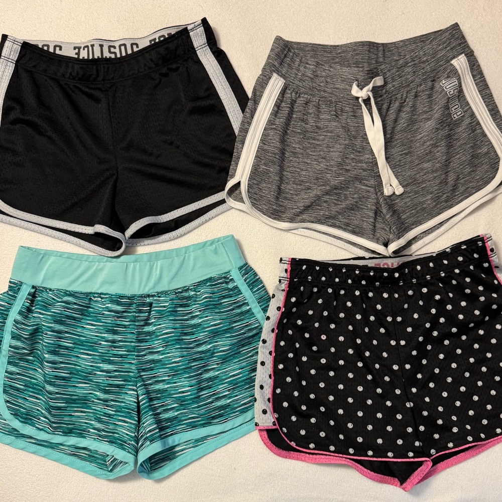 Justice Athletic Shorts lot: Black, Gray, Teal, Polka Dot. Girls size 10, 4 pair